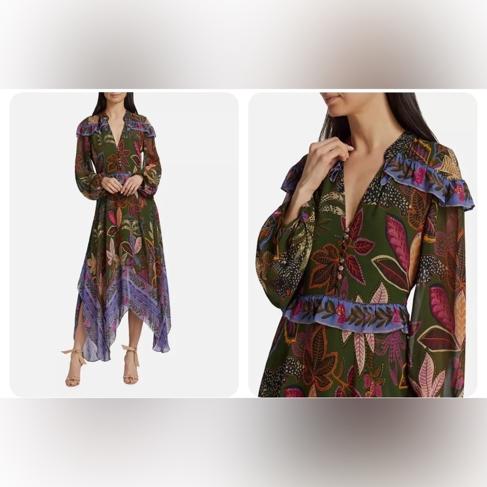 FARM RIO WILD JUNGLE PRINT GREEN FAIRY MIDI DRESS SIZE XS NWOT